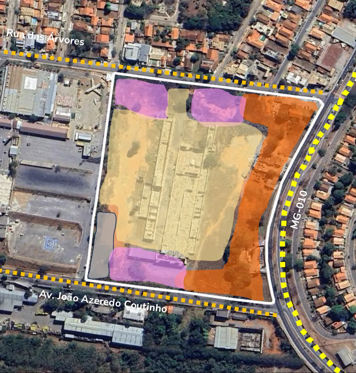 Vista aérea do terreno de Lagoa Santa com a destinação proposta para cada frente: grandes equipamentos na MG-010, uso misto nas vias laterais, condomínio residencial no miolo e reserva institucional.